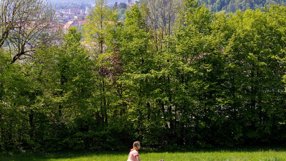 Eine Frau und ein Kind wandern durch eine grüne Landschaft mit Blick auf Graz und den Grazer Uhrturm.