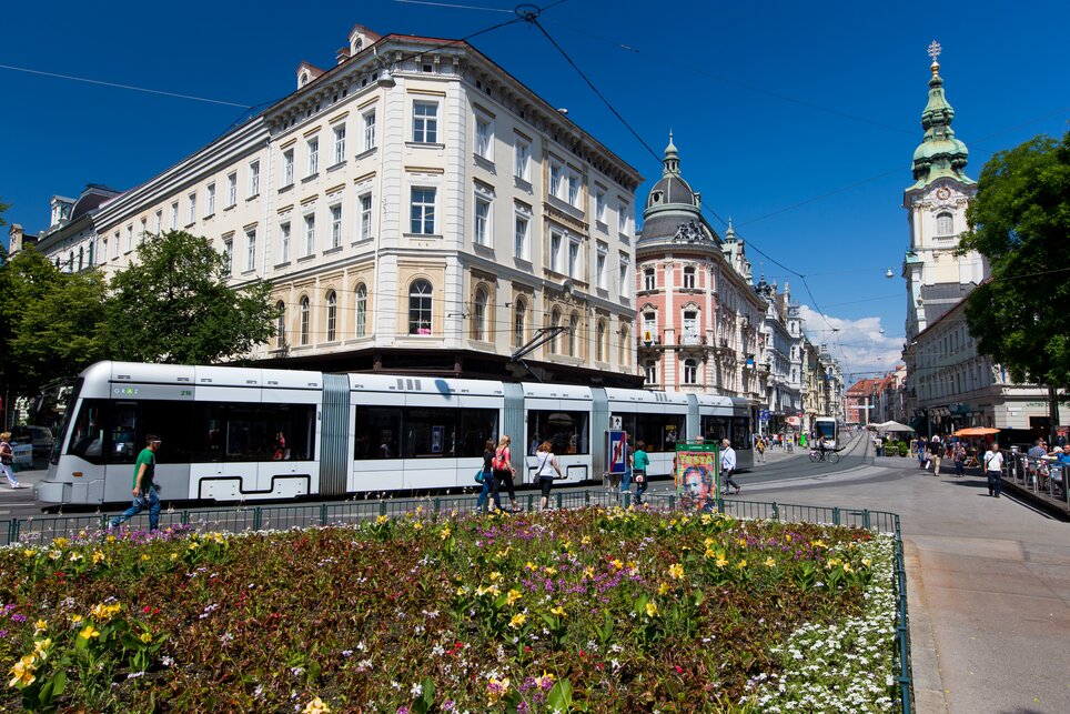 Bunte Blumen und eine Straßenbahn in Graz an einem sonnigen Tag. | © Graz Tourismus - Harry Schiffer