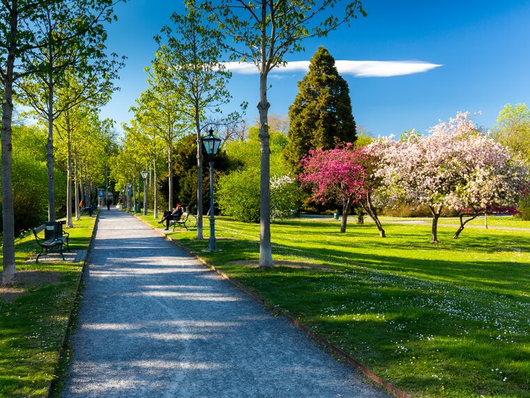 Parco fiorito a Graz con panchine e sentiero. | © Graz Tourismus - Harry Schiffer