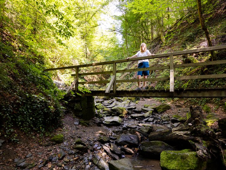 Eine Person steht auf einer Holzbrücke in einer bewaldeten Schlucht. | © Graz Tourismus - Harry Schiffer