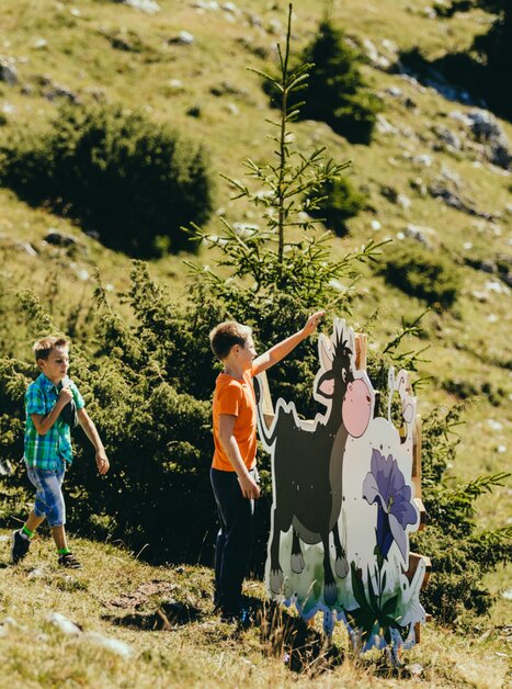 Drei Kinder spielen im Freien und betrachten eine Schautafel am Schöckl in Graz. | © Lupi Spuma