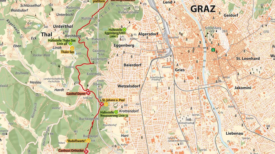 Karte der anspruchsvollen Wanderung "Gipfelwanderung im Grazer Westen": 16  km  Aufstieg, steile Waldpfade und Panoramablick über Graz | © Graz Tourismus