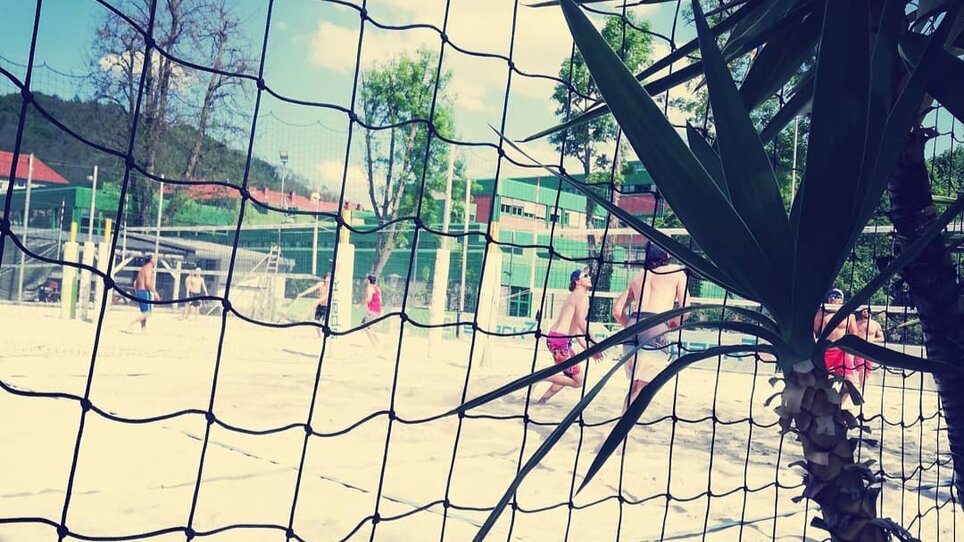 Sandvolleyballspiel in Graz mit Netz und Palmen. | © Mur Beach - Ingo Gruber