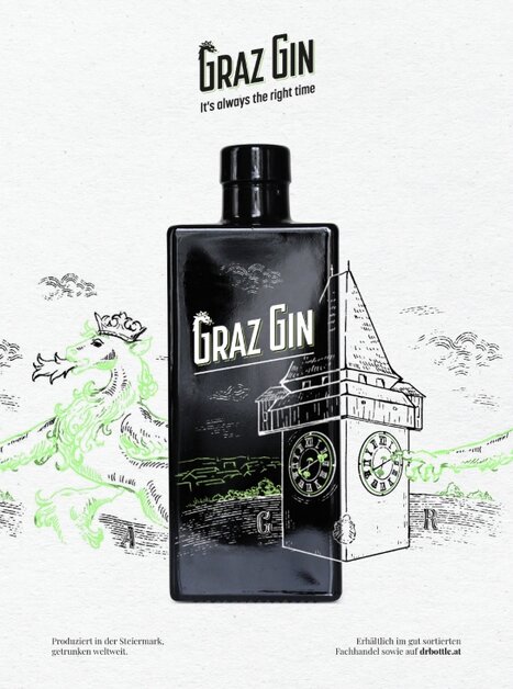 Una bottiglia di gin nera con la torre dell'orologio di Graz e il motivo della pantera. | © Graz Gin