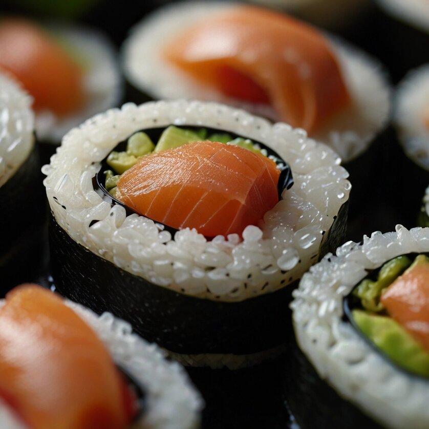 Close-up of sushi rolls with salmon and vegetables. | © Anali Matheus - Pixabay