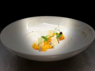 A beautifully plated dish featuring mango, garnish, and herbs. | © Julian Wallner