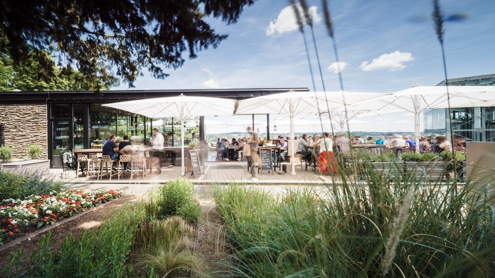 Terrazza accogliente con ospiti, ombrelloni e bella vegetazione. | © aiola