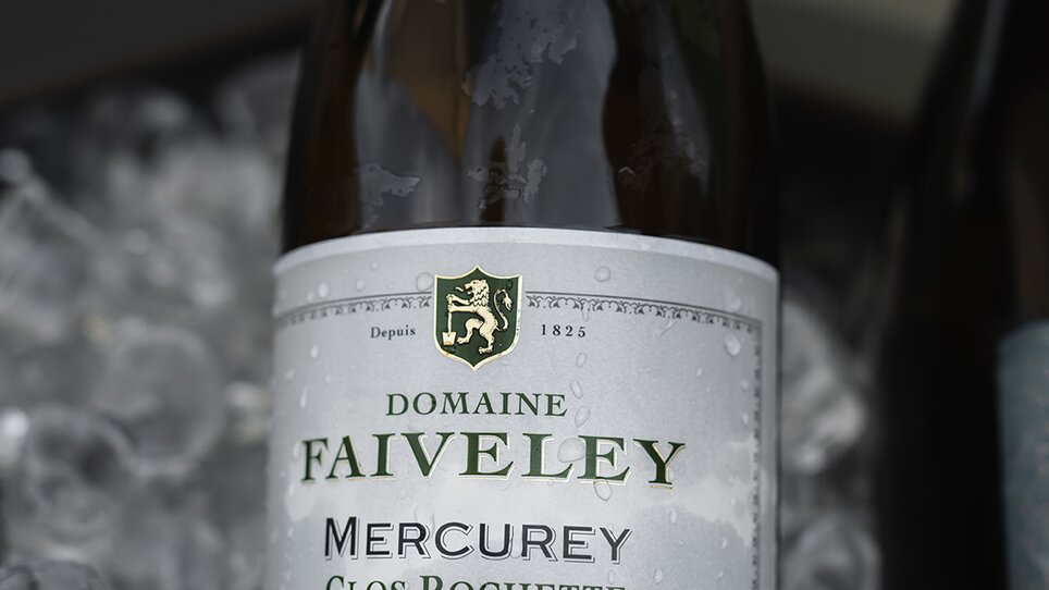 Bottiglia di Domaine Faiveley Mercurey Clos Rochette su ghiaccio. | © Studio Lou