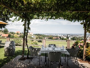 Un ristorante sotto viti con vista su Graz. | © Kehlberghof
