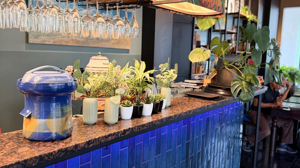 Bar area with plants and colorful wall pattern in Graz. | © Foto Vision