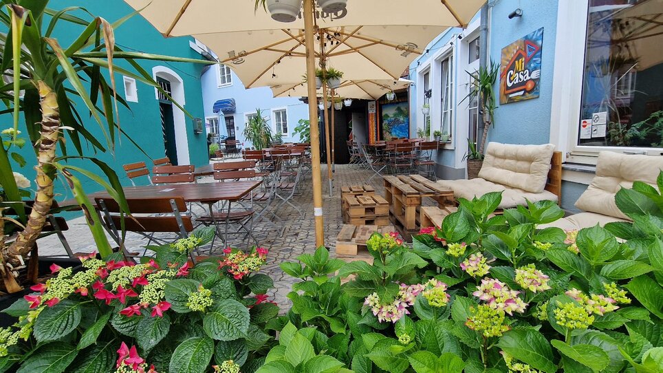 Gemütlicher Innenhof mit Pflanzen und Sitzplätzen im Restaurant Mi Casa. | © Mi Casa