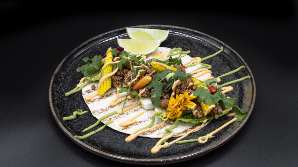 Creative dish with tortillas, meat, fresh vegetables, and sauces on a plate. | © Jauk Katharina