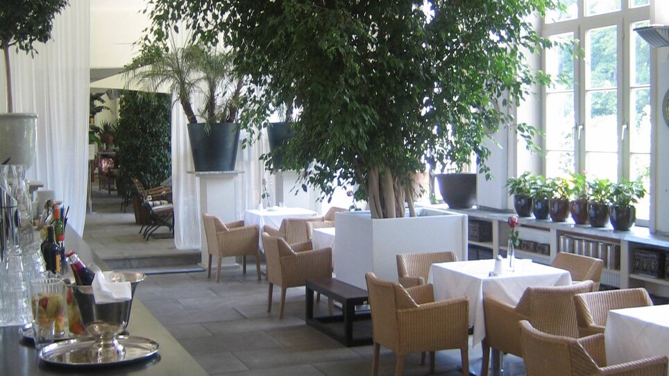 Bright restaurant with plants, elegant tables, and a bar. | © Purberg