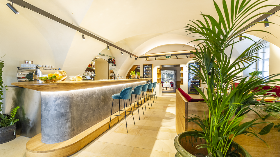 Modern bar with wooden counter and plants, ideal for snacks and drinks. | © Paul Stajan