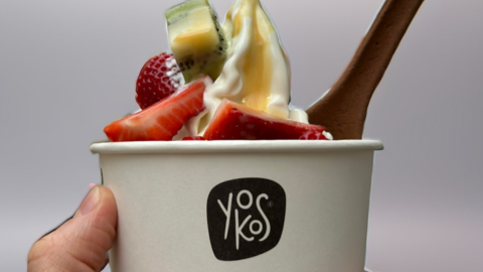 A hand holding a cup of frozen yogurt topped with fresh fruits. | © hepac tourism GmbH