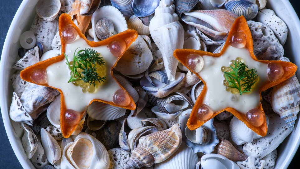 Elegante Vorspeise in Muscheln präsentiert, kreative Garnitur. | © Jürgen Schmücking