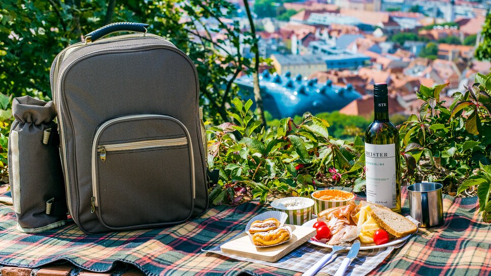 Picknick mit Wein und Snacks in Graz, Blick auf die Stadt. | © Mias Photoart
