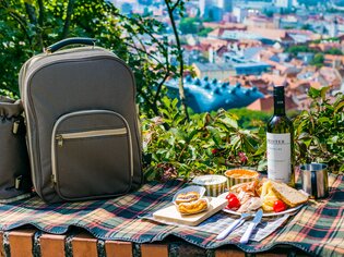 Picknick mit Wein und Snacks in Graz, Blick auf die Stadt. | © Mias Photoart
