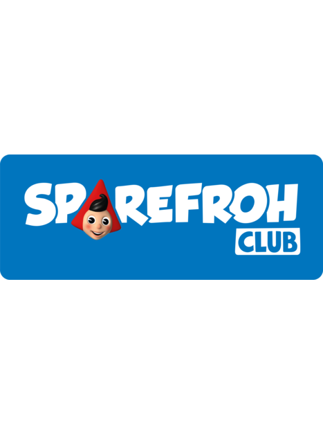 Logo des Sparefrohn Clubs mit einem fröhlichen Charakter und blauem Hintergrund.