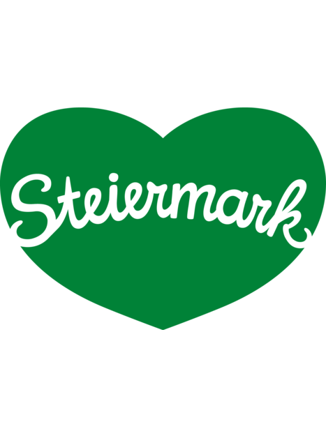 Logo mit grünem Herz und Schriftzug 'Steiermark'.