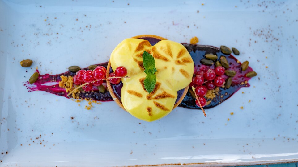 Ein kreatives Dessert im aiola im Schloss mit Fruchtsoße und Deko. | © 5komma5sinne - Rene Strasser Fotografie