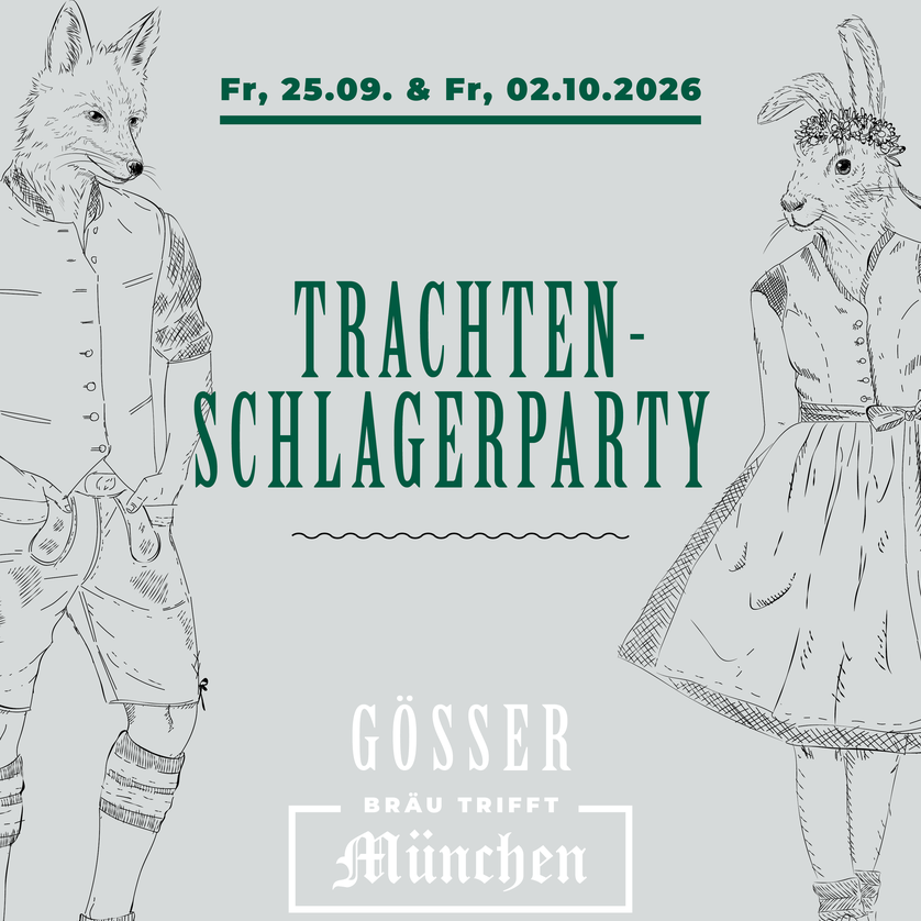 A fox and a rabbit in traditional costumes for a party announcement. | © Gösser Bräu