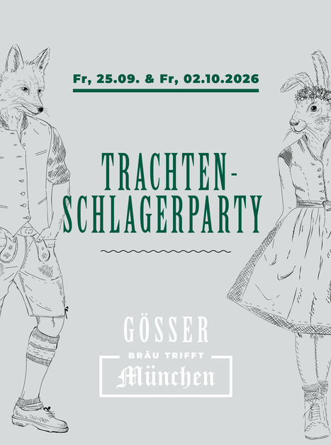 Una volpe e un coniglio in costumi tradizionali per un annuncio di festa. | © Gösser Bräu