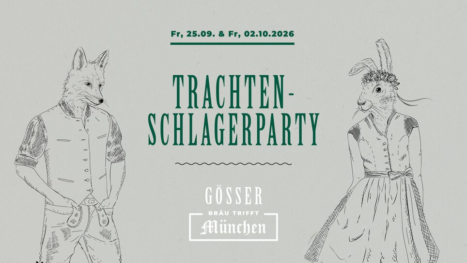 Invitation poster for a traditional Bavarian party featuring a fox and a rabbit. | © Gösser Bräu