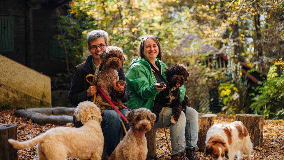 Zwei Personen mit fünf Hunden auf einer Holzbank im herbstlichen Wald bei einer Trüffelwanderung. | © Gregor Hiebl