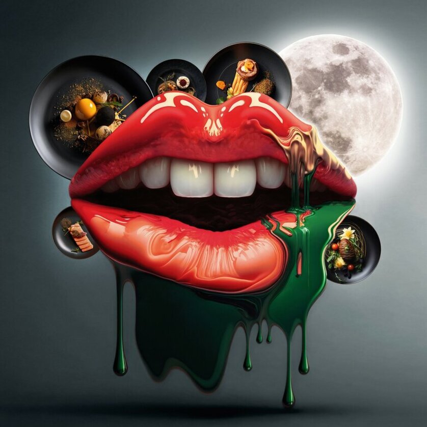 Ein surrealer Mund mit roten Lippen und Essen in Schalen, umgeben von einem Mond. | © Innoprojekt - Spreitzerdrei