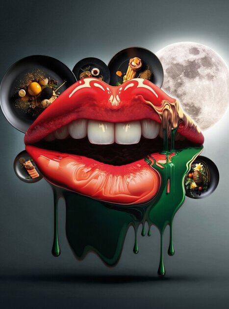 Ein surrealer Mund mit roten Lippen und Essen in Schalen, umgeben von einem Mond. | © Innoprojekt - Spreitzerdrei