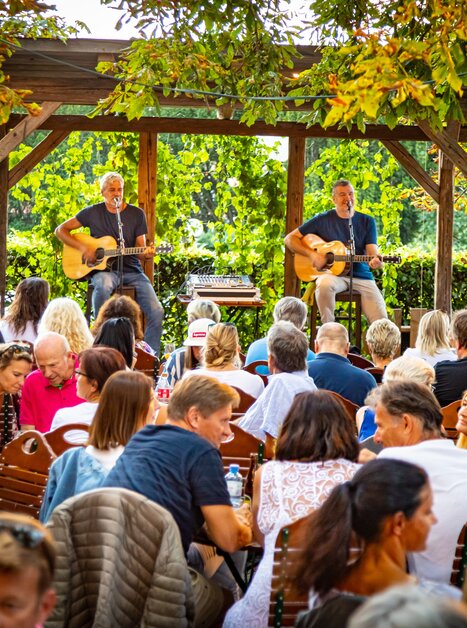 Two musicians playing acoustic guitars for an audience in a restaurant. | © Werner Krug