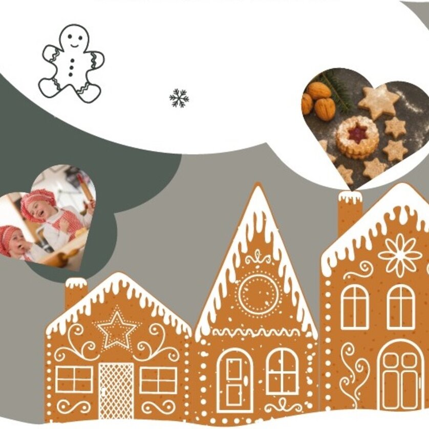 Bunte Illustration mit Lebkuchenhäusern, Plätzchen und einem Weihnachtsmann. | © Hospiz Steiermark
