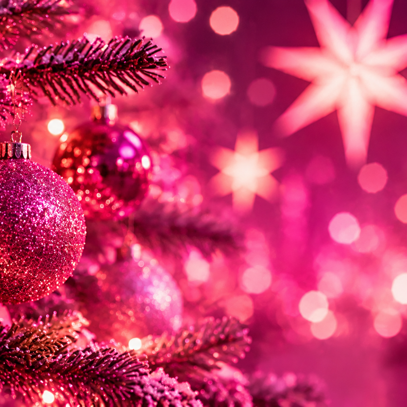 Un albero di Natale scintillante decorato con palline rosa e luci. | © mit KI generiert