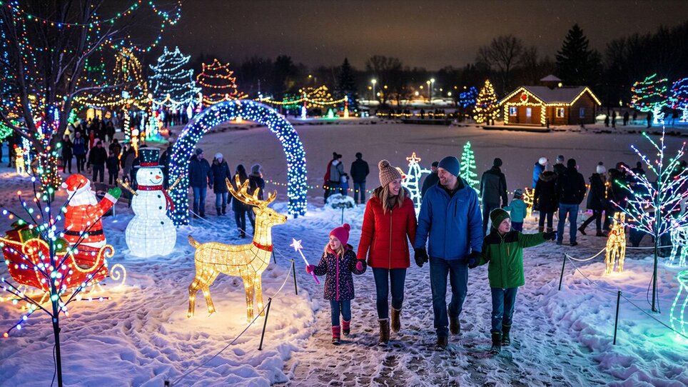 Family walking through a winter park filled with lights. | © SE Holding GmbH