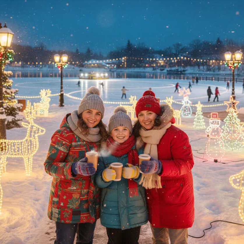 Three people with warm drinks in a wintery, festively lit setting. | © SE Holding GmbH