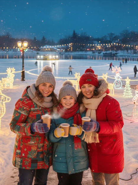 Three people with warm drinks in a wintery, festively lit setting. | © SE Holding GmbH
