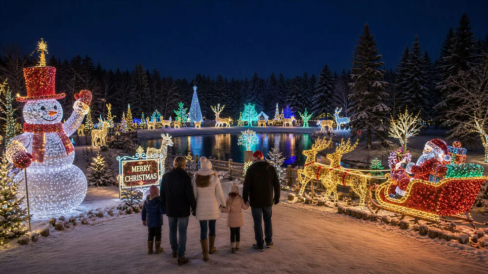 Family enjoying festive Christmas lights in the snow. | © SE Holding GmbH
