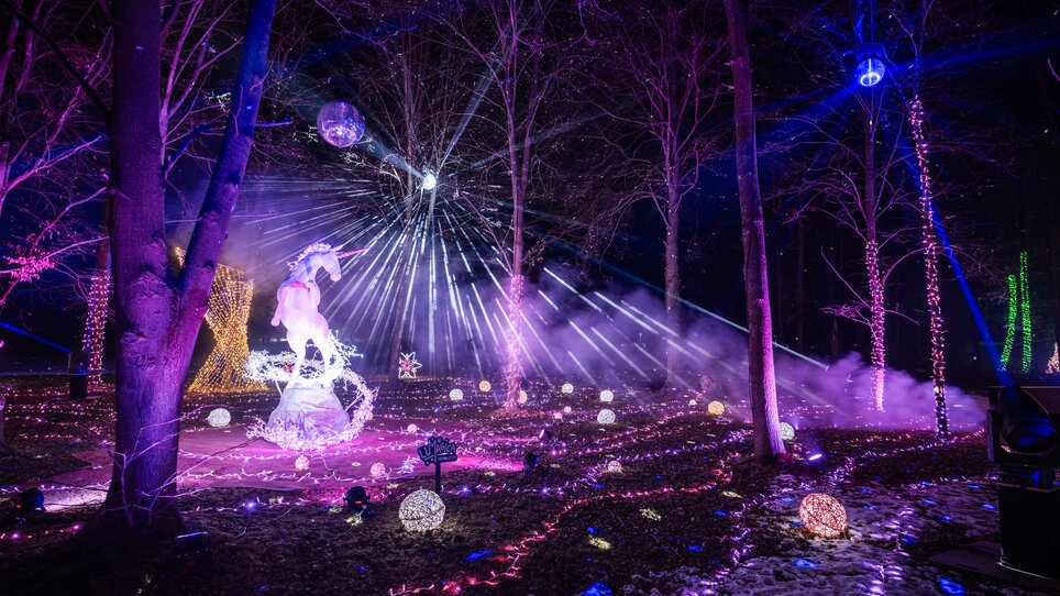Eine zauberhafte Landschaft mit Lichtern, einem Einhorn und Nebel in einem beleuchteten Park. | © Lumagica Frohnleiten