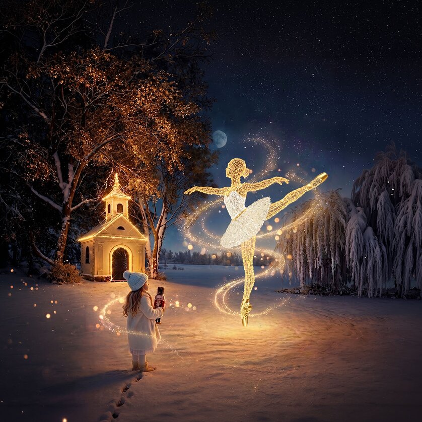 Una bambina e una ballerina in una foresta invernale. | © Lumagica