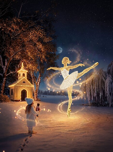 A little girl and a dancer in a winter forest. | © Lumagica