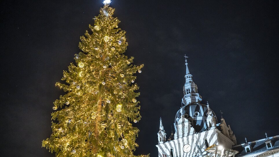 Beleuchteter Weihnachtsbaum und Rathaus in Graz, bei Nacht. | © Stadt Graz - Foto Fischer