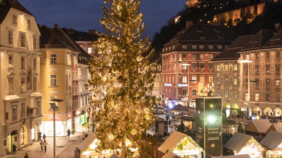 Christmas market in Graz with decorated tree and festive lighting. | © Vincent Croce