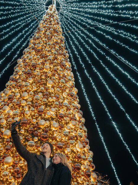 A lit Christmas tree with a couple taking a selfie. | © Mias Photoart