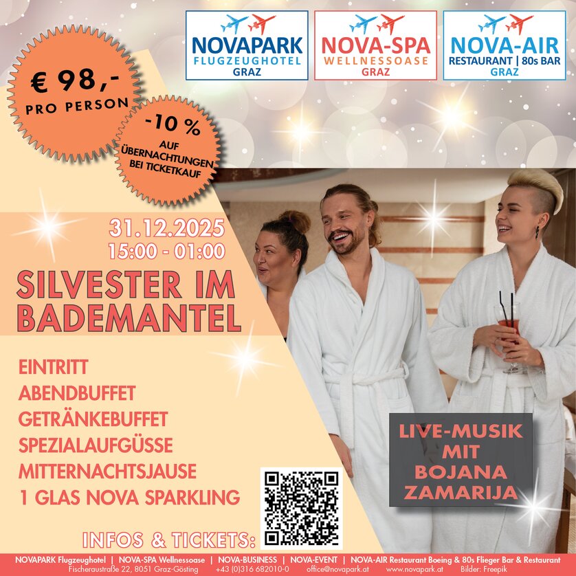 New Year's Eve in Bathrobe at Hotel Novapark Graz | © Hotel Novapark Celebration for New Year's Eve with buffet and live music at Hotel Novapark Graz. | © Hotel Novapark