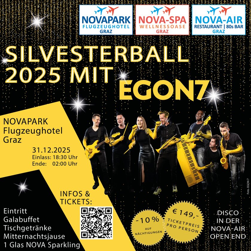 Invitation to New Year's Ball 2025 at Hotel NOVAPARK Graz featuring live band EGON7. | © Hotel Novapark