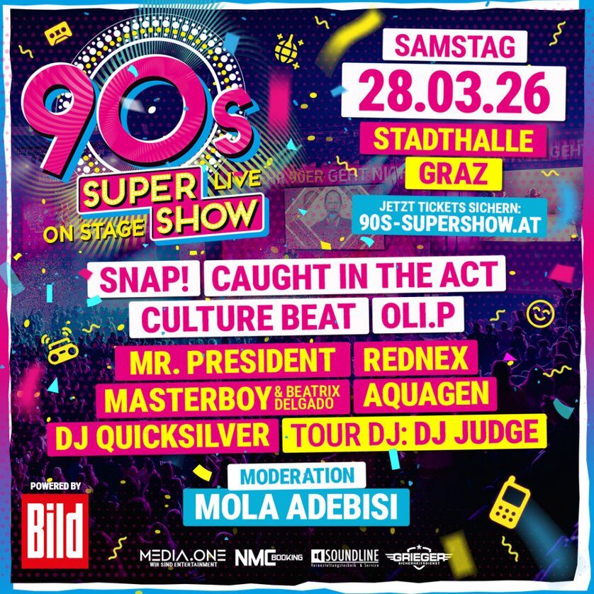 Plakatankündigung mit den Headlinern der 90s Super Show  | © media one