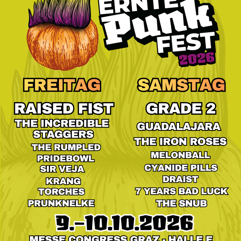 Plakat für das Ernte Punk Fest 2026 mit Bandauftritten und Veranstaltungsdetails. | © Punkverein Austria