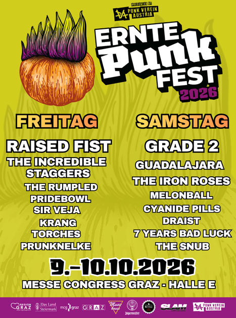 Plakat für das Ernte Punk Fest 2026 mit Bandauftritten und Veranstaltungsdetails. | © Punkverein Austria