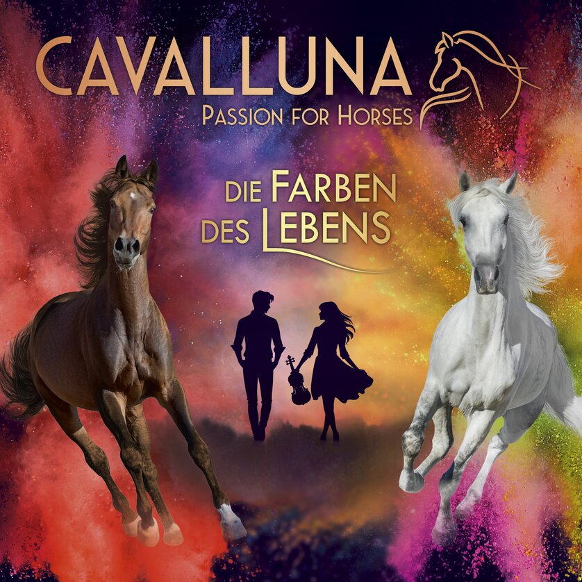 Plakat von CAVALLUNA mit Pferden und einem Paar auf buntem Hintergrund.
